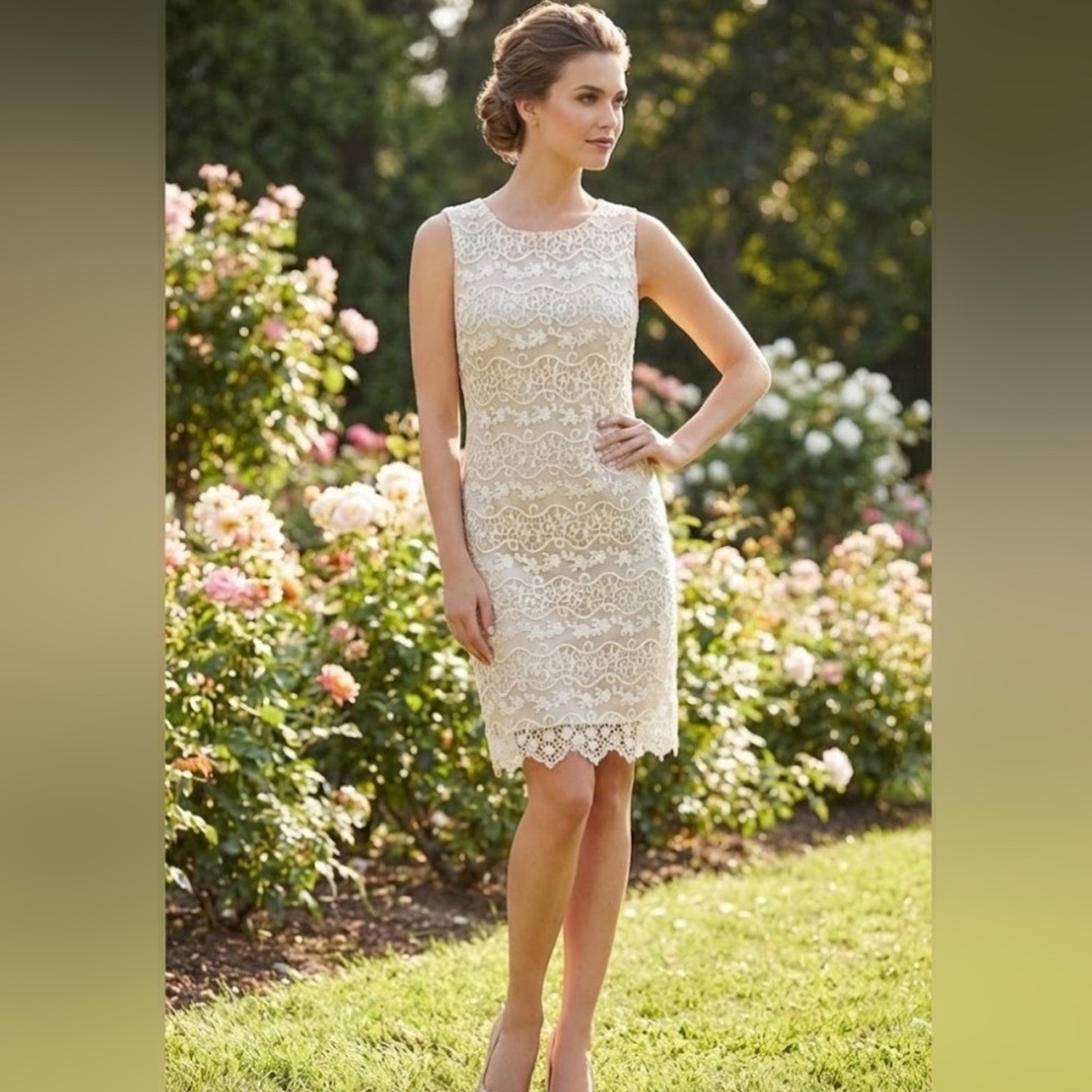 Badgley Mischka Lace Overlay Dress in Cream and Tan